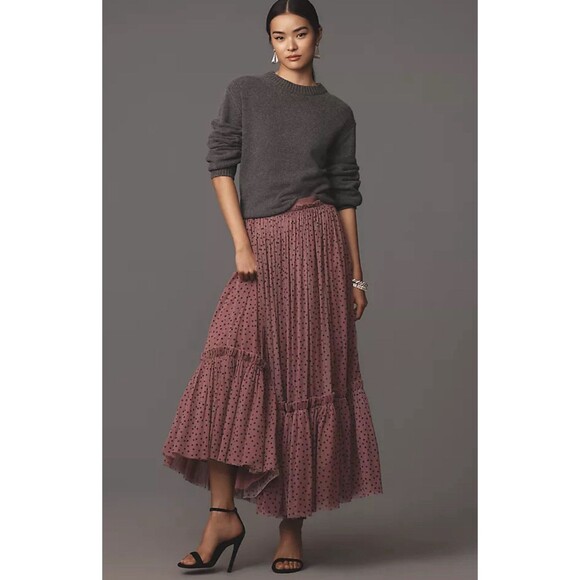 Anthropologie Maxi Skirt Women Pink Tiered Tulle Pull On Preppy